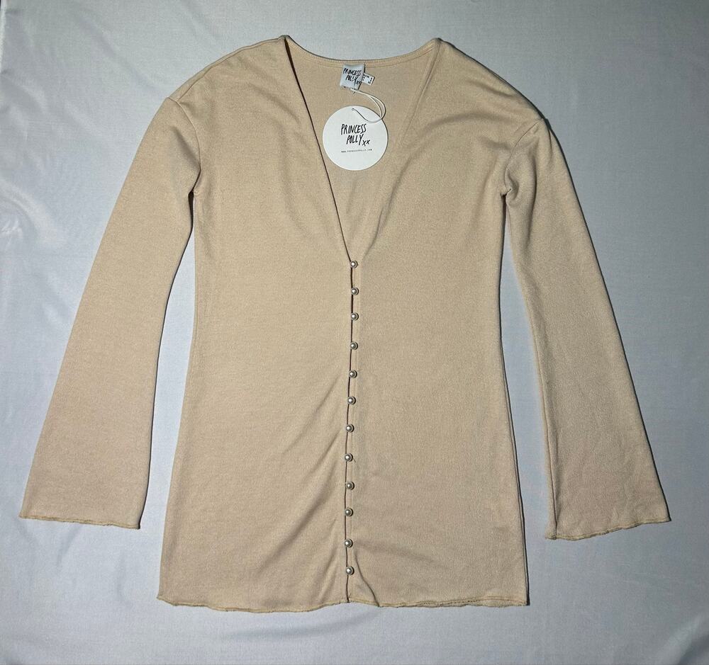 Princess Polly Macy Cardigan Pearl Button Flared Sleeve Beige Size 2